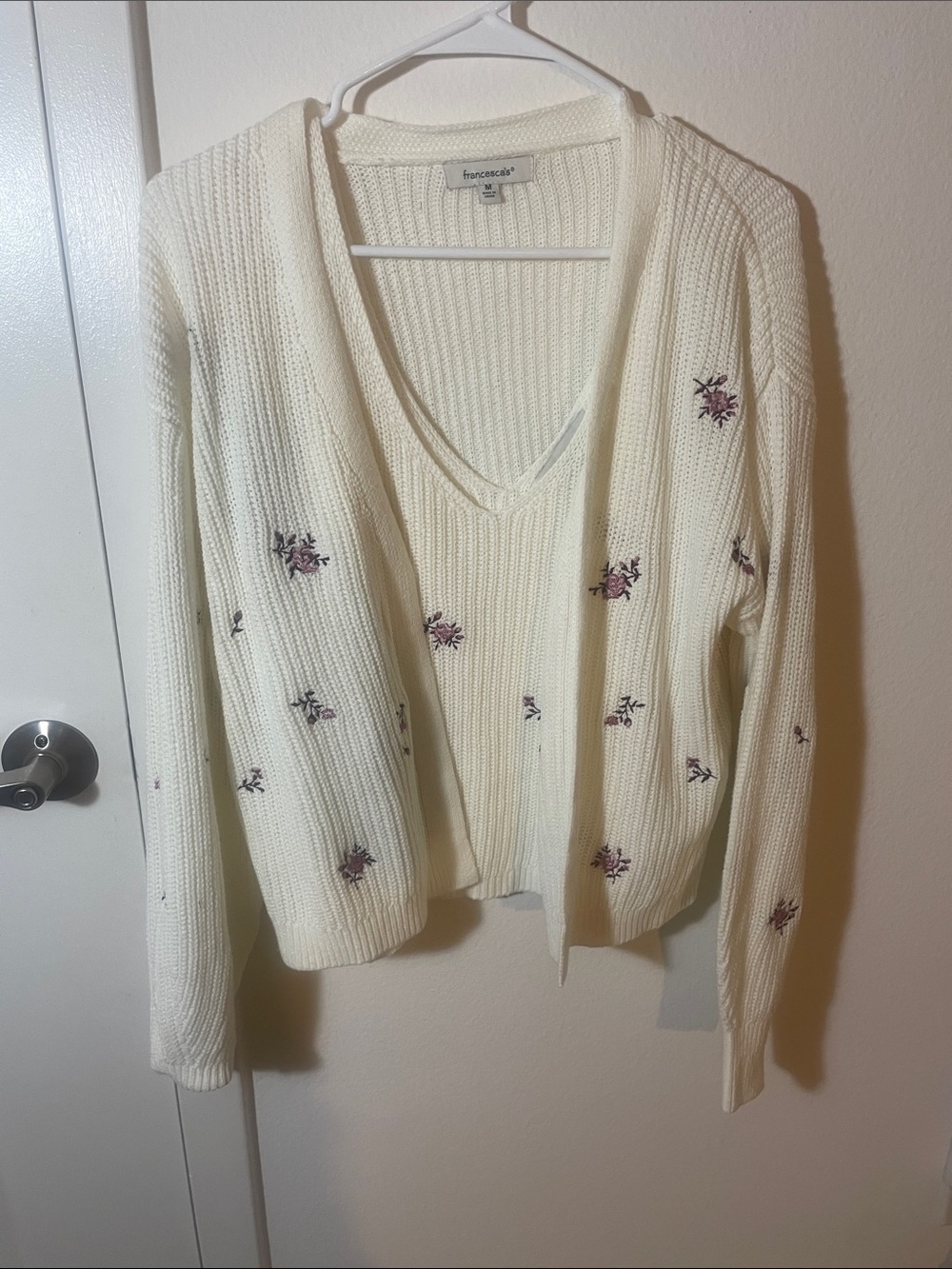 Francesca's Collections Cream V-Neck Sweater with Purple Floral Embroidery SET
